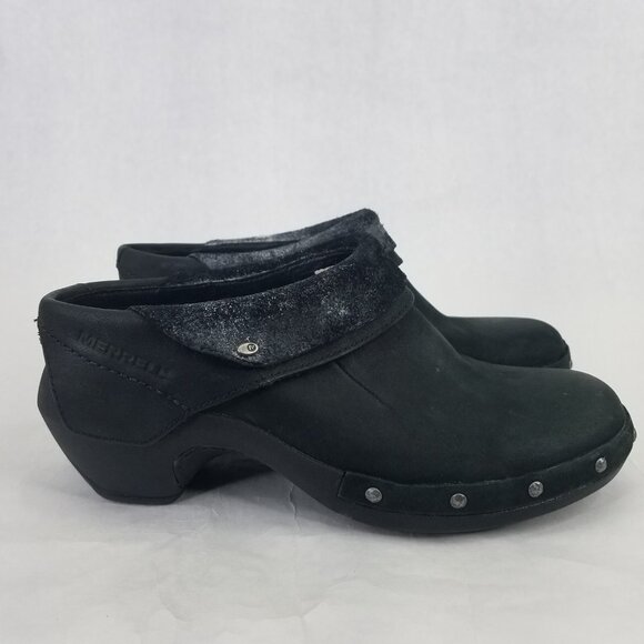 Merrell Luxe Wrap Mule Women's 6 Black Suede Leather Clog Metal Rivets Cone Heel - Picture 6 of 16